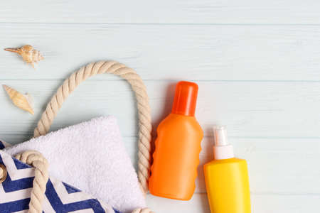 sunscreens on a colored background. Protection of the skin