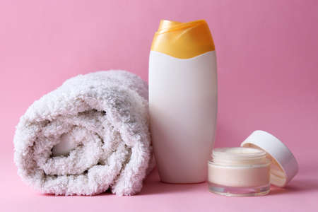 Set of care cosmetics on a colored backgroundの写真素材