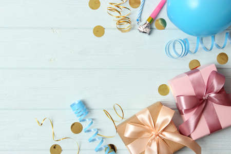 Background for the holiday, party or birthday on a colored backgroundの写真素材