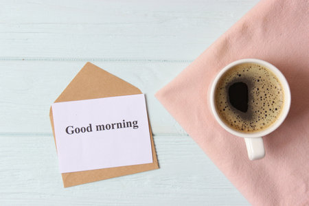 cup of coffee on wooden background top view. Good morning. Have a nice dayの写真素材