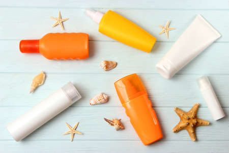 sunscreens on a colored background. Protection of the skin
