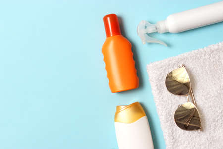 sunscreens on a colored background close-up. Sun protection for skin