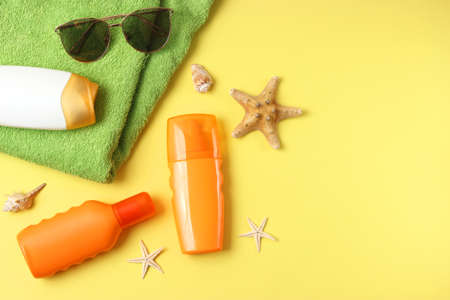 sunscreens on a colored background. Protection of the skin