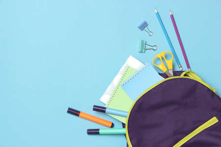 school backpack and school stationery. Concept back to school.