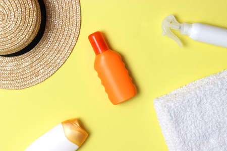 sunscreens on a colored background close-up. Sun protection for skin,の写真素材