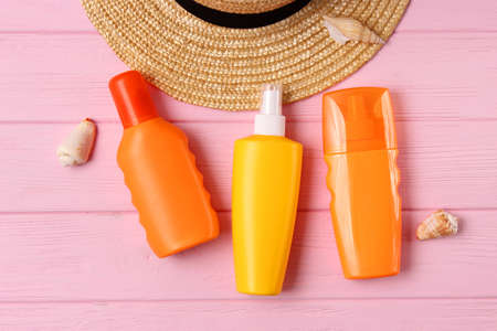 sunscreens on a colored background. Protection of the skinの写真素材