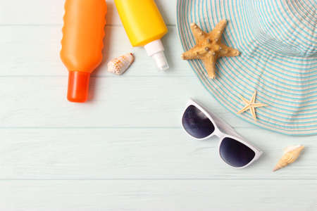 sunscreens on a colored background. Protection of the skinの写真素材