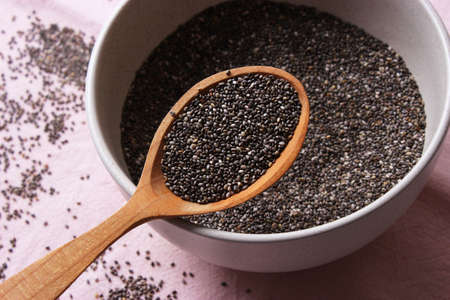 chia seeds on the table close-up. Food supplement, superfoodの写真素材