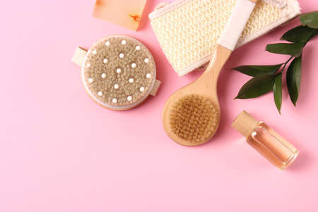 brush for dry massage on a colored background top view.の写真素材