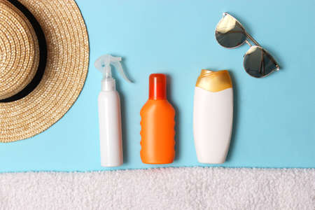 sunscreens on a colored background close-up. Sun protection for skinの写真素材