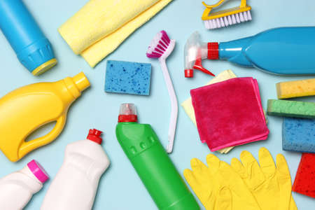 Means for cleaning and disinfection close-up on a colored background.の写真素材