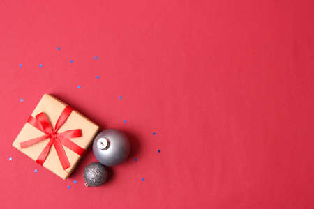 Christmas or New Year accessories on top view. Holidays, giftsの写真素材