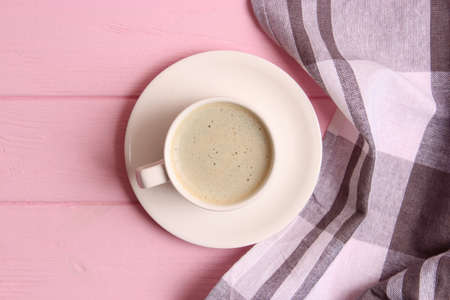 Cup of coffee with froth close up with place for textの写真素材
