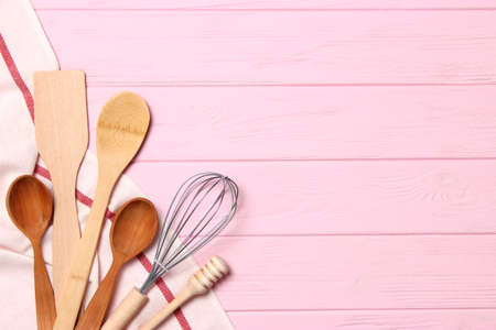 set of dishes close-up on a colored background. Kitchen appliances.の写真素材