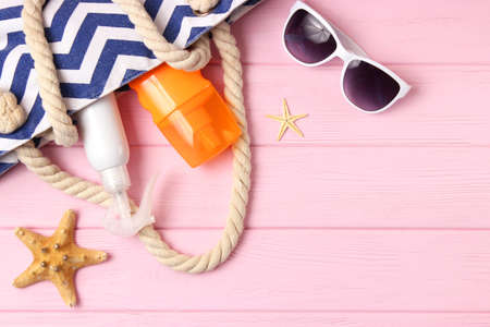 sunscreens on a colored background. Protection of the skin