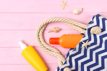 sunscreens on a colored background. Protection of the skinの写真素材