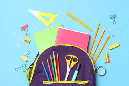 school backpack and school stationery. Concept back to school.