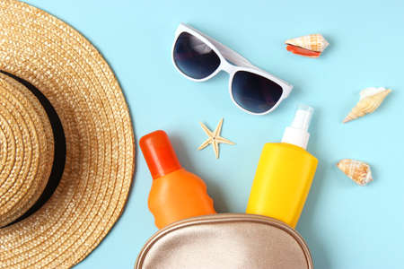 sunscreens on a colored background. Protection of the skinの写真素材