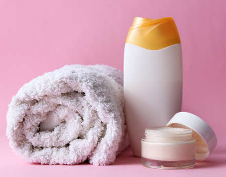 Set of care cosmetics on a colored backgroundの写真素材