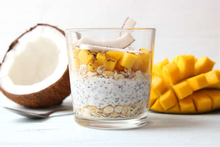 chia pudding with mango, granola and honey. Healthy dessert, proper nutritionの写真素材