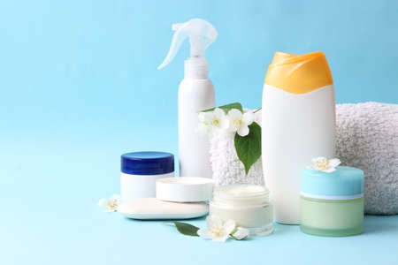 Set of care cosmetics on a colored backgroundの写真素材