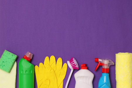 Means for cleaning and disinfection close-up on a colored background.の写真素材