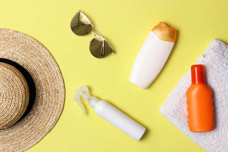 sunscreens on a colored background close-up. Sun protection for skin,の写真素材
