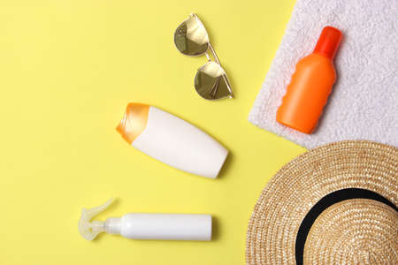 sunscreens on a colored background close-up. Sun protection for skin,の写真素材