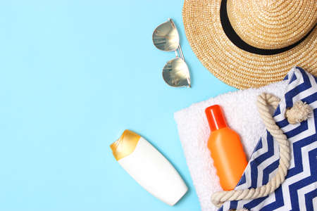 sunscreens on a colored background close-up. Sun protection for skinの写真素材