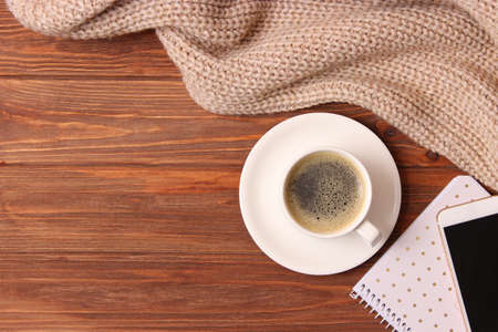 Cup of coffee with froth close up with place for textの写真素材