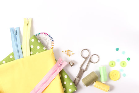 sewing accessories close-up. hobbies, fabrics and threads for sewing