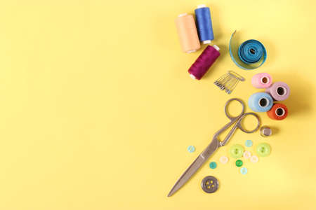 sewing accessories close-up. hobbies, fabrics and threads for sewing