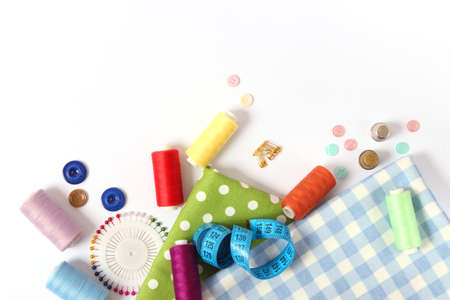 sewing accessories close-up. hobbies, fabrics and threads for sewing