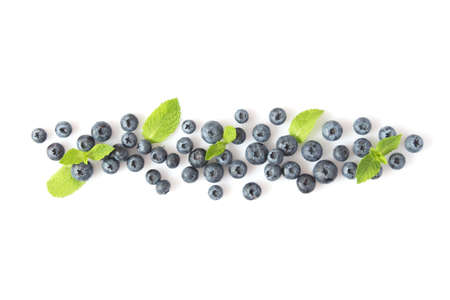 blueberry and mint leaves on a white background top view. Place for textの写真素材