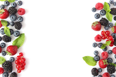 wild berries and mint leaves on a white background top view.の写真素材