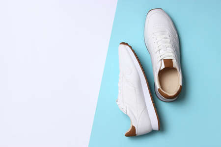 mens sneakers on a colored background top view. mens footwear. minimalism