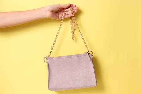 women bag in hand on a colored backgroundの写真素材