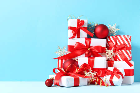 Set of beautifully wrapped gift boxes and Christmas decor