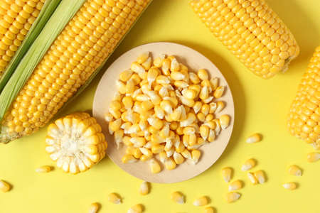 Fresh corn close-up on the table.の写真素材