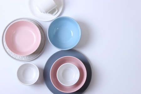 Set of dishes and kitchen utensils top view.の写真素材