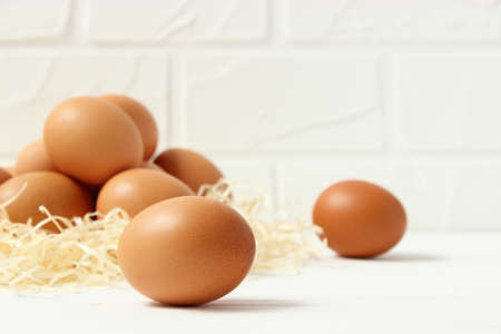 chicken eggs on the table. Farm products, natural eggs.