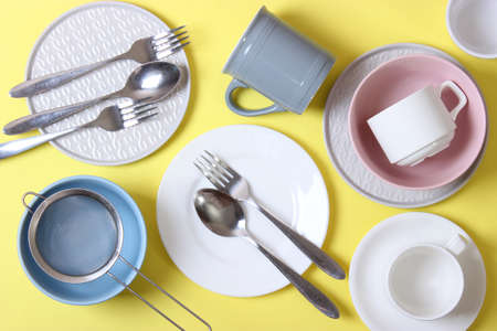 Set of dishes and kitchen utensils top view.の写真素材