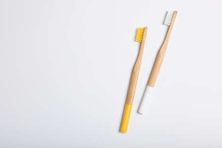 natural bamboo toothbrushes top view. Oral and dental care.の写真素材