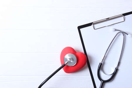 Doctors desk top view. Set of different doctor accessories.の写真素材