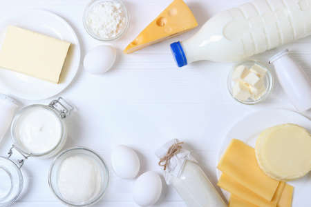 set of dairy products on the table top view.の写真素材