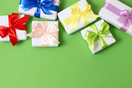 gifts on a colored background. Holiday, giving presents, birthday.の写真素材