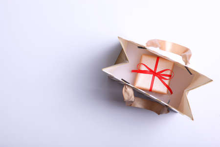 packages for shopping on a colored background top view.の写真素材