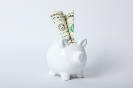 piggy piggy bank and gold coins on a colored background.の写真素材