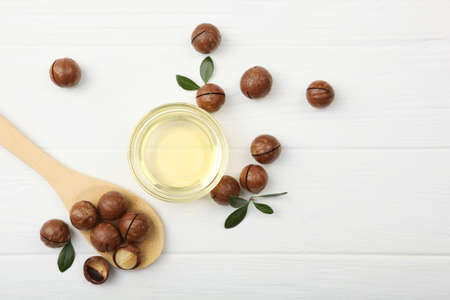macadamia oil on the table. Minimalism, place for textの写真素材