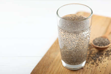 A glass of water with chia seeds. superfood, nutritional supplementsの写真素材